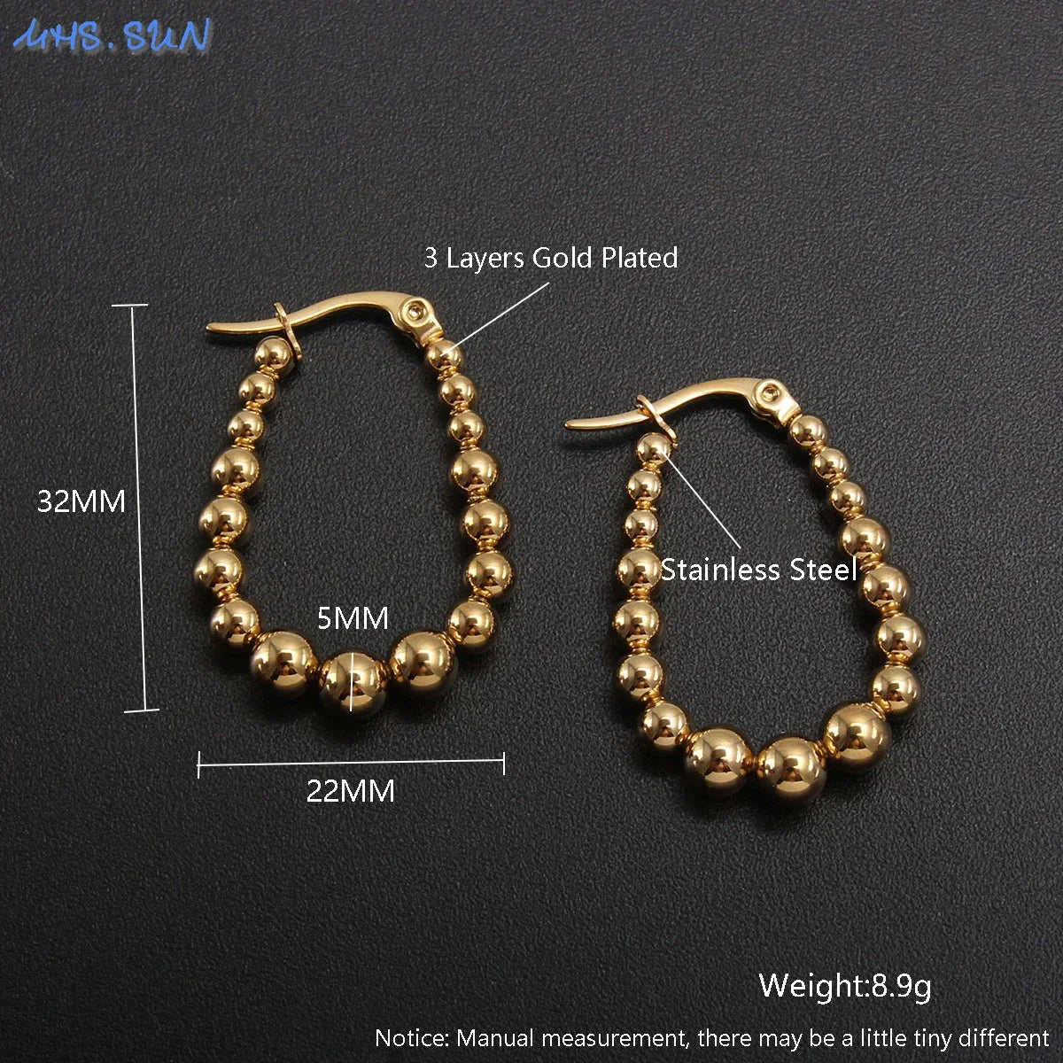MHS.SUN Luxury Gold Plated Square Round Stainless Steel Hoop Earrings Cross Ball Beads Earring For Women Girls Wedding Jewelry