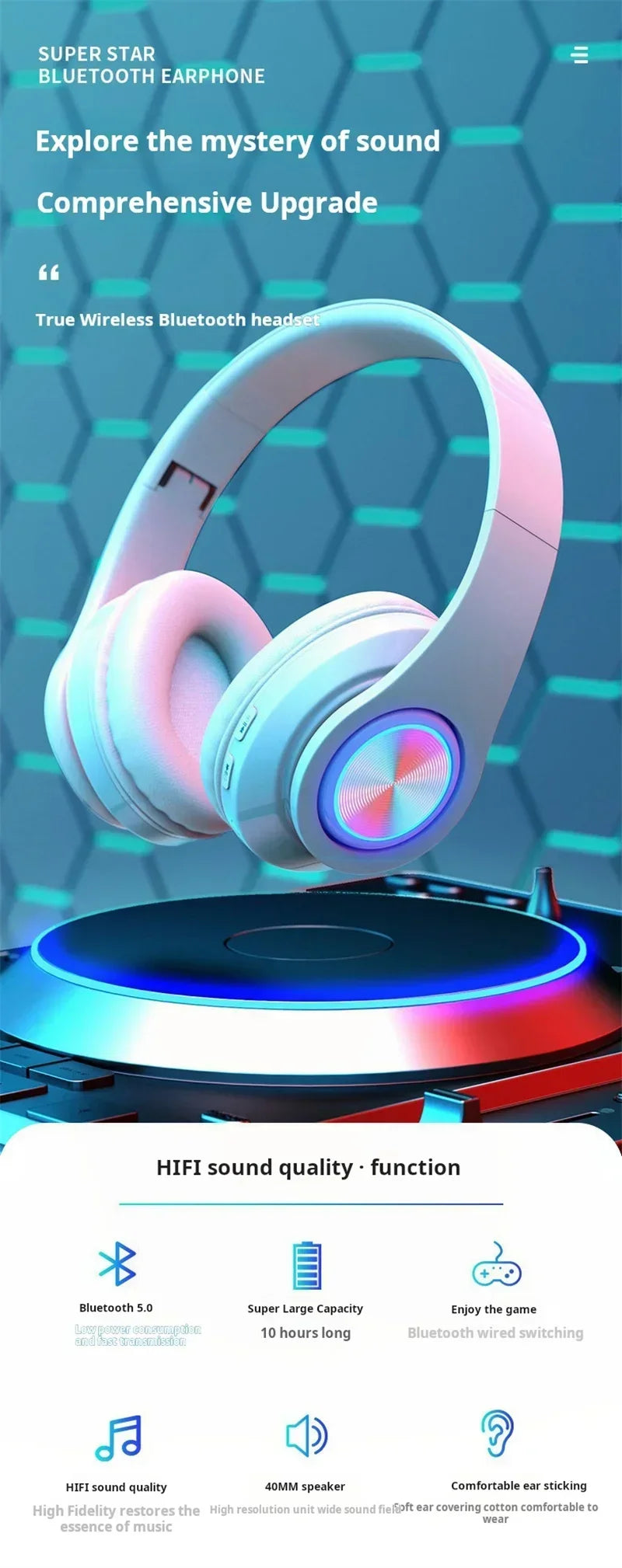 Wireless Bluetooth gaming headset with stereo surround sound.