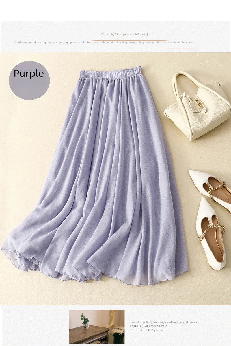 Slim Cotton Leaf Edge Double Layer Half Skirt Loose Waist.