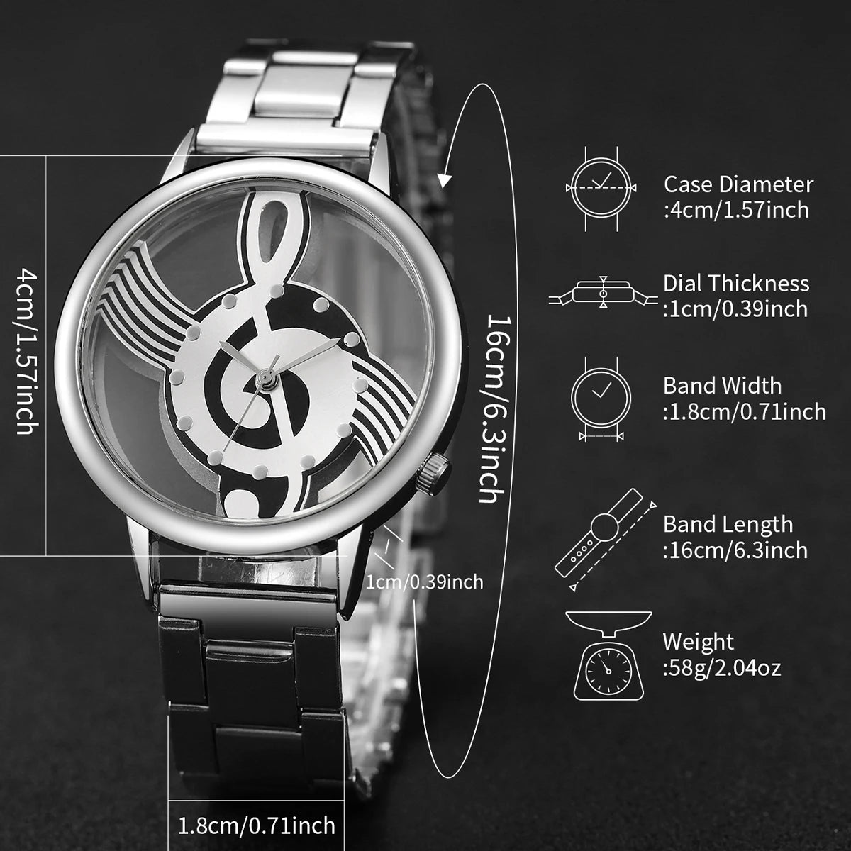 2PCS/Set Fashion Women's Watch Hollow-out Musical Note Dial Steel Band Quartz Watches Heart Bracelet Set（Without Box）