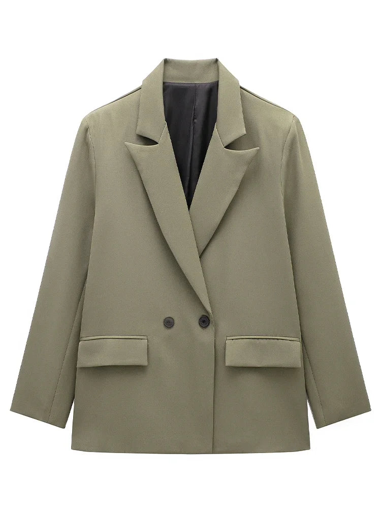 Willshela Women Fashion With Pockets Solid Double Breasted Blazer.
