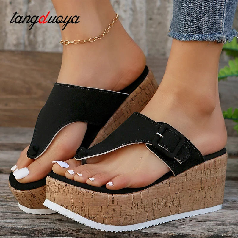 Women Beach Flip Flops Slippers Summer Slipper New Woman Metal buckle design High Heels Female Fashion Slides Wedges Sandals