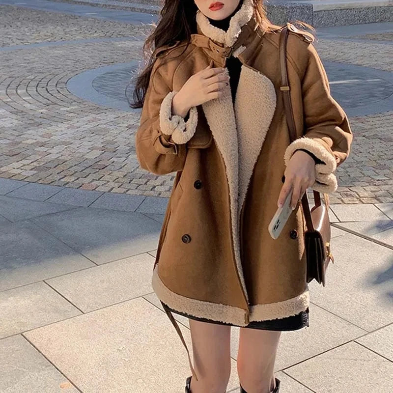 2024 Autumn Winter New Medium Long Double-breasted Lambswool Suede Woolen Coat Women Add Velvet Padded Warm Fur One Woolen Coats