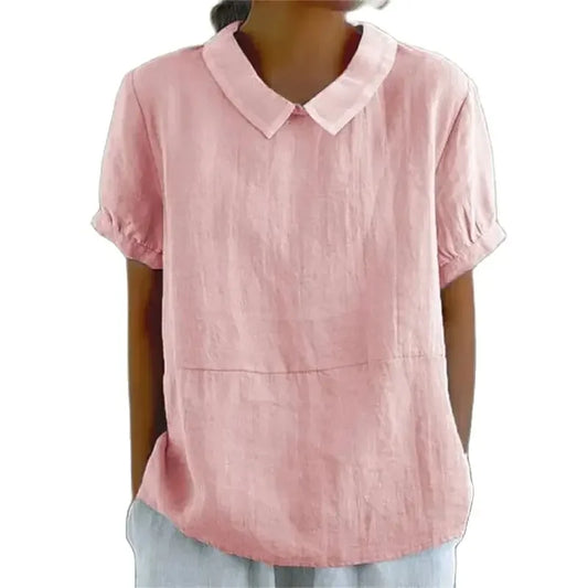 Solid Color Cotton Linen Lapel Pullover Shirt Women Summer.
