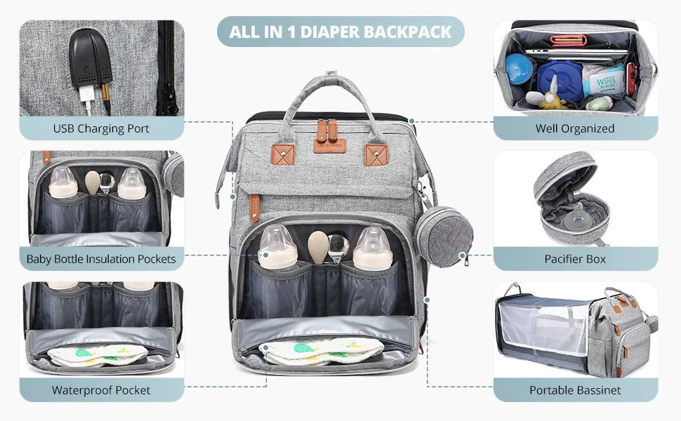 Multifunctional Bed Diaper Backpack Baby Girl Boy.