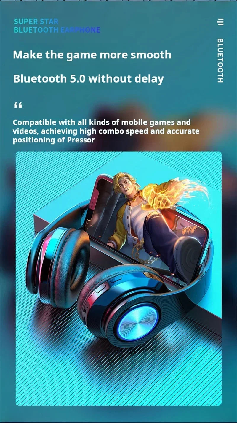 Wireless Bluetooth gaming headset with stereo surround sound.