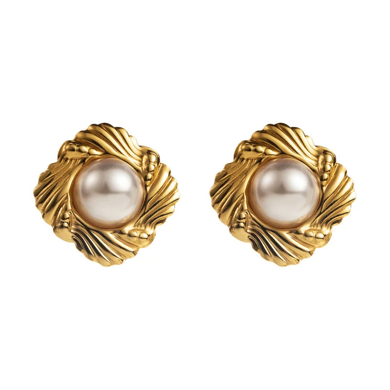 1 pair  fashionable and personalized geometric earrings with retro Hong Kong style and pearl gold earrings