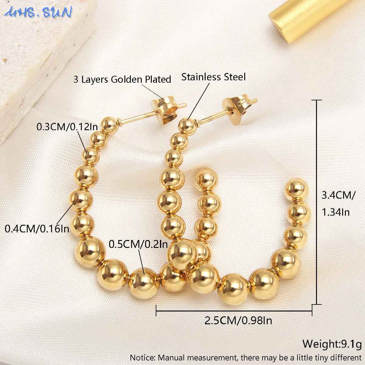 MHS.SUN Luxury Gold Plated Square Round Stainless Steel Hoop Earrings Cross Ball Beads Earring For Women Girls Wedding Jewelry