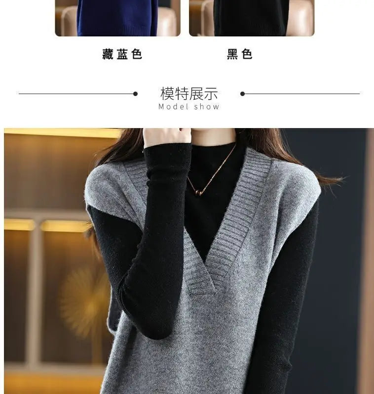 Navy blue plus size vest, medium to long length, in knit fabric.