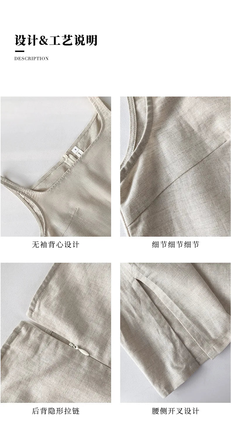 Chic Side Split Vintage Linen Skirt Women's Solid Color.