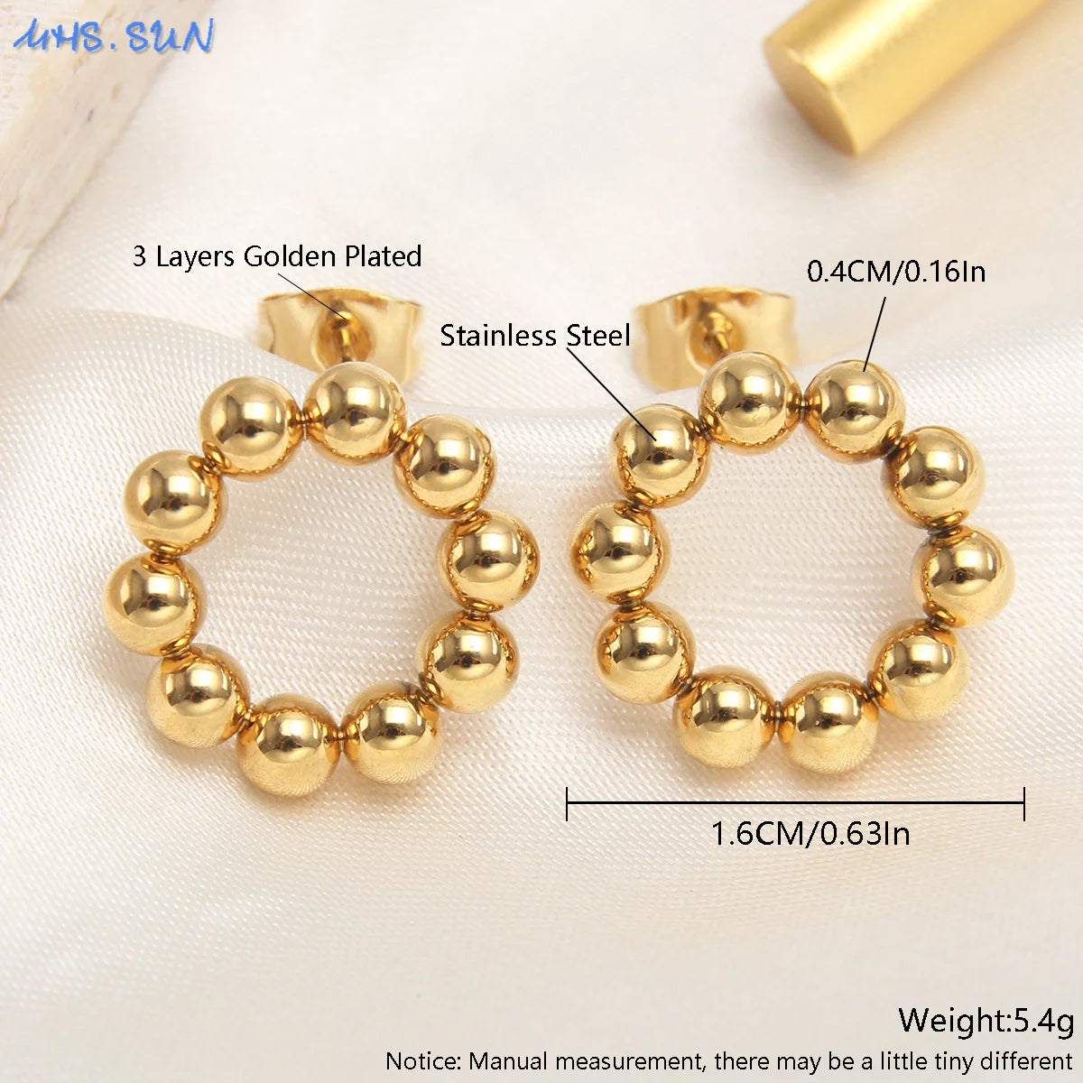 MHS.SUN Luxury Gold Plated Square Round Stainless Steel Hoop Earrings Cross Ball Beads Earring For Women Girls Wedding Jewelry