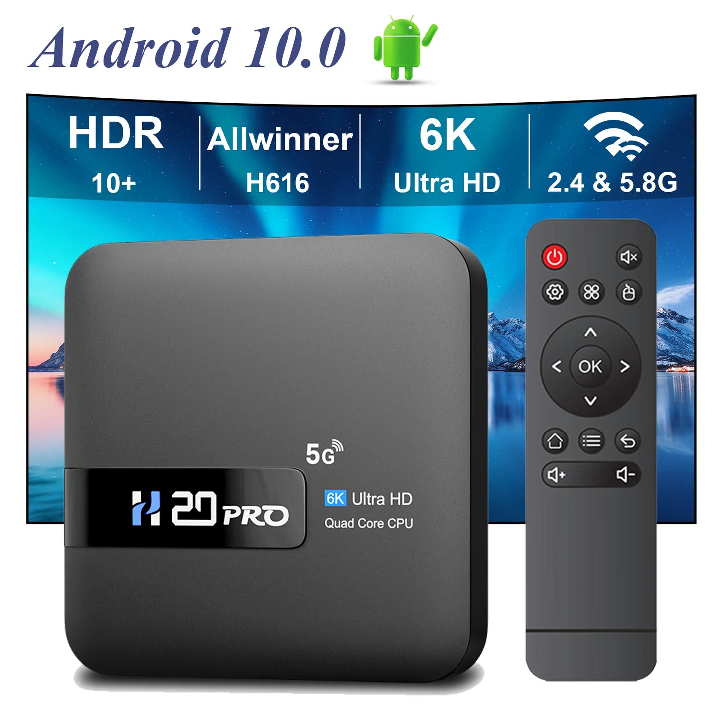 H20PRO Android 10 TV BOX 4k HD Dual Wifi Quad Core 1080P Video.