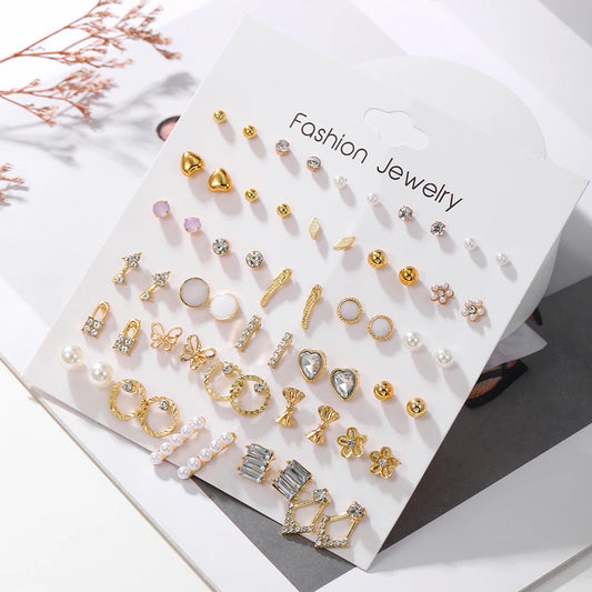 Geometric 30 Pairs/Lot Korean Fashion Sweet Heart-shaped Imitation-pearl Stud Earring For Women Daily Student Friends Jewelry