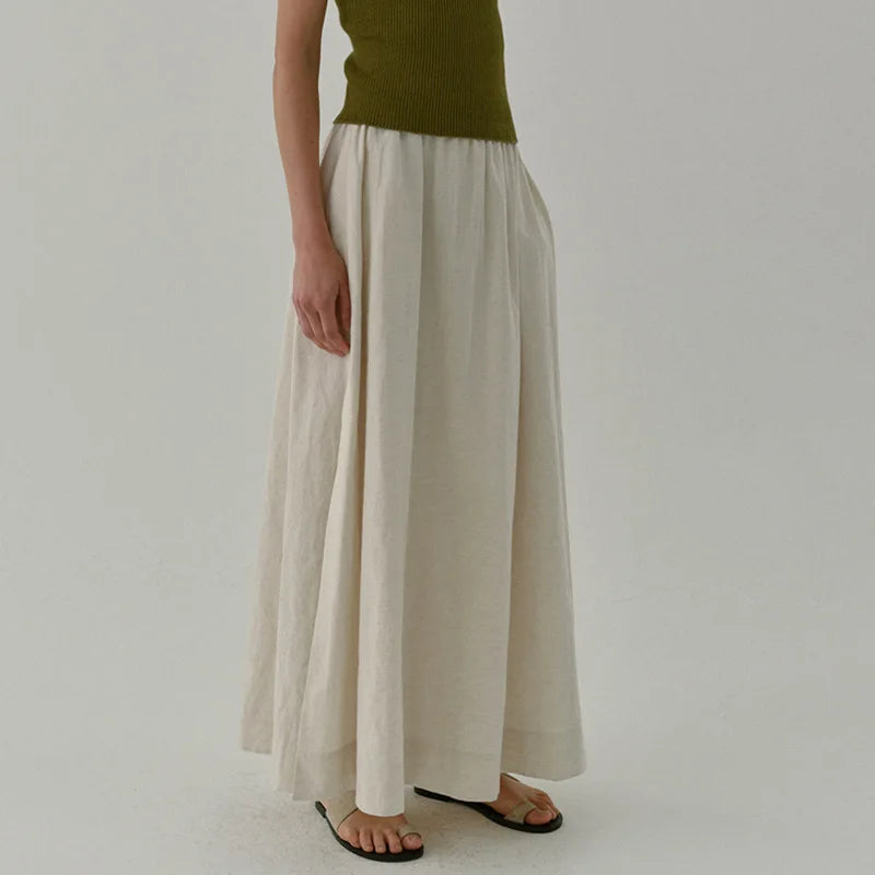 Chic Side Split Vintage Linen Skirt Women's Solid Color.