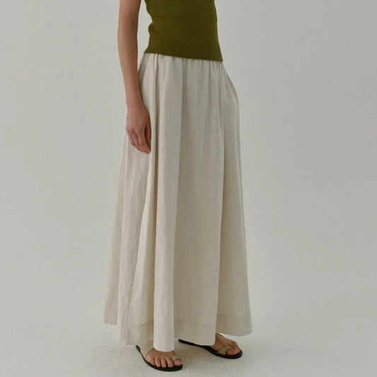 Chic Side Split Vintage Linen Skirt Women's Solid Color.