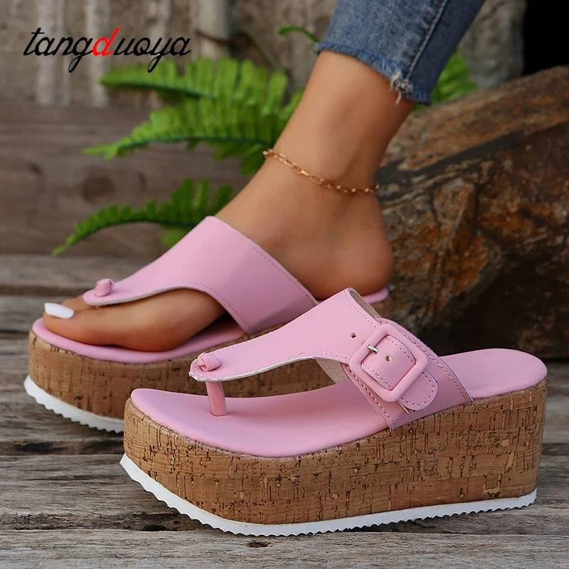 Women Beach Flip Flops Slippers Summer Slipper New Woman Metal buckle design High Heels Female Fashion Slides Wedges Sandals