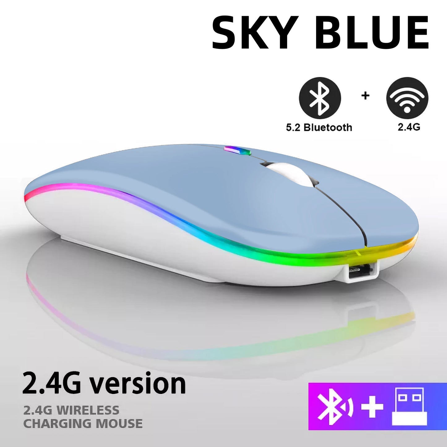 Rechargeable Bluetooth wireless mouse with USB connection.