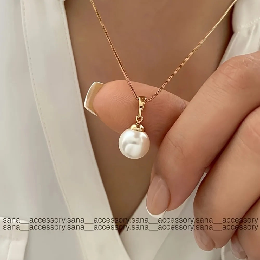 Vintage Jewelry Set Stylish Simple Necklace and Earrings Set with Imitation Pearl Pendant, Women's, Golden, Valentine's Day Gift