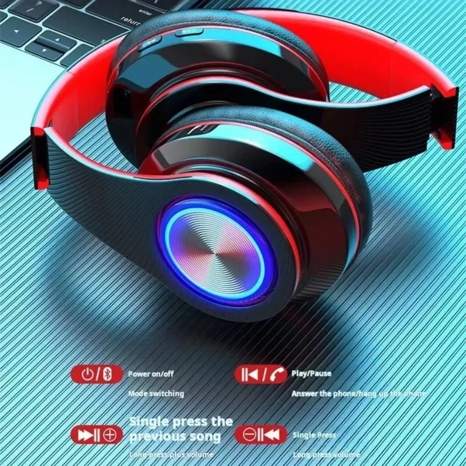 Wireless Bluetooth gaming headset with stereo surround sound.