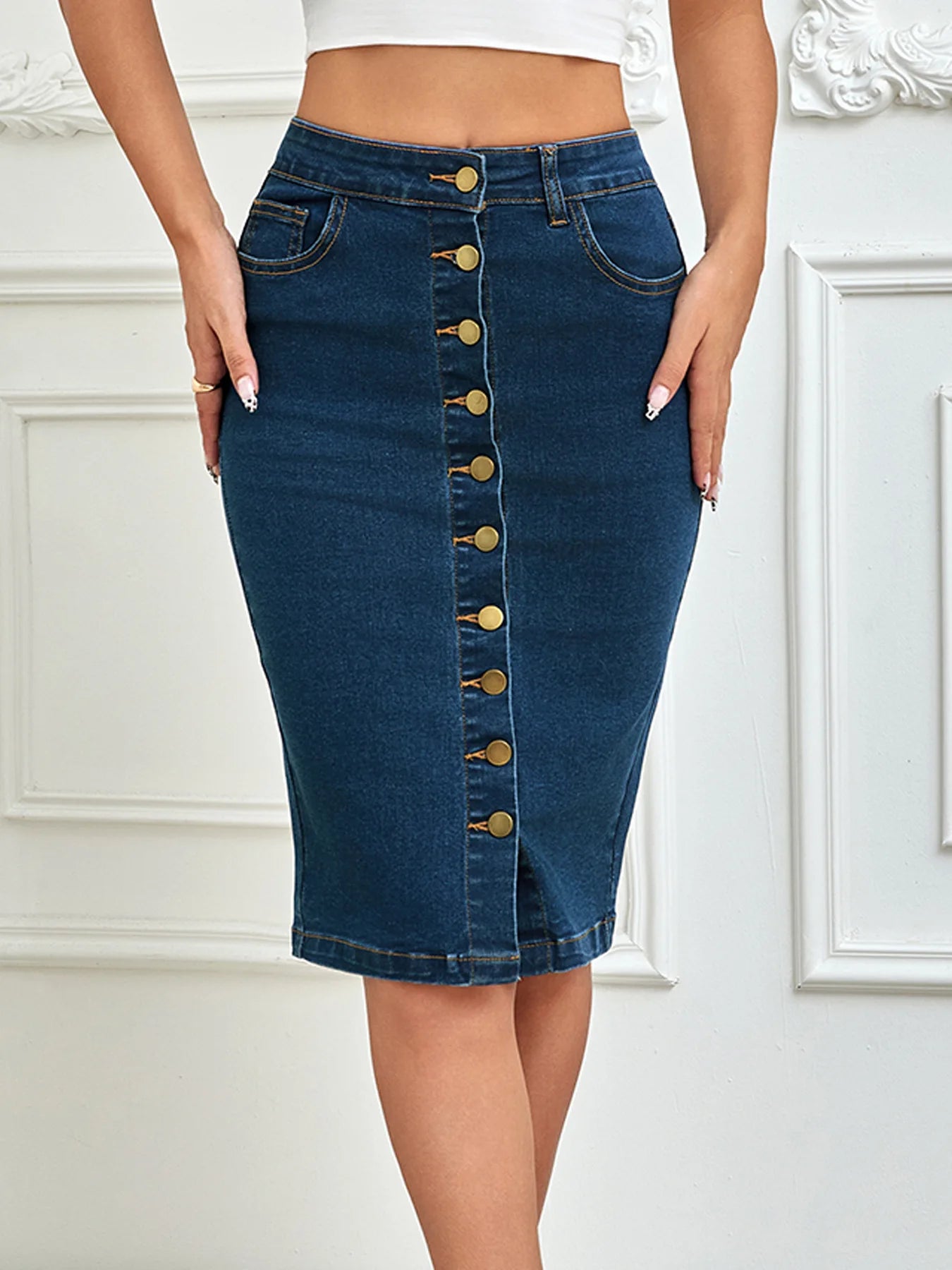 Women's Wrap Denim Skirt Multiple Button Front Stretch.