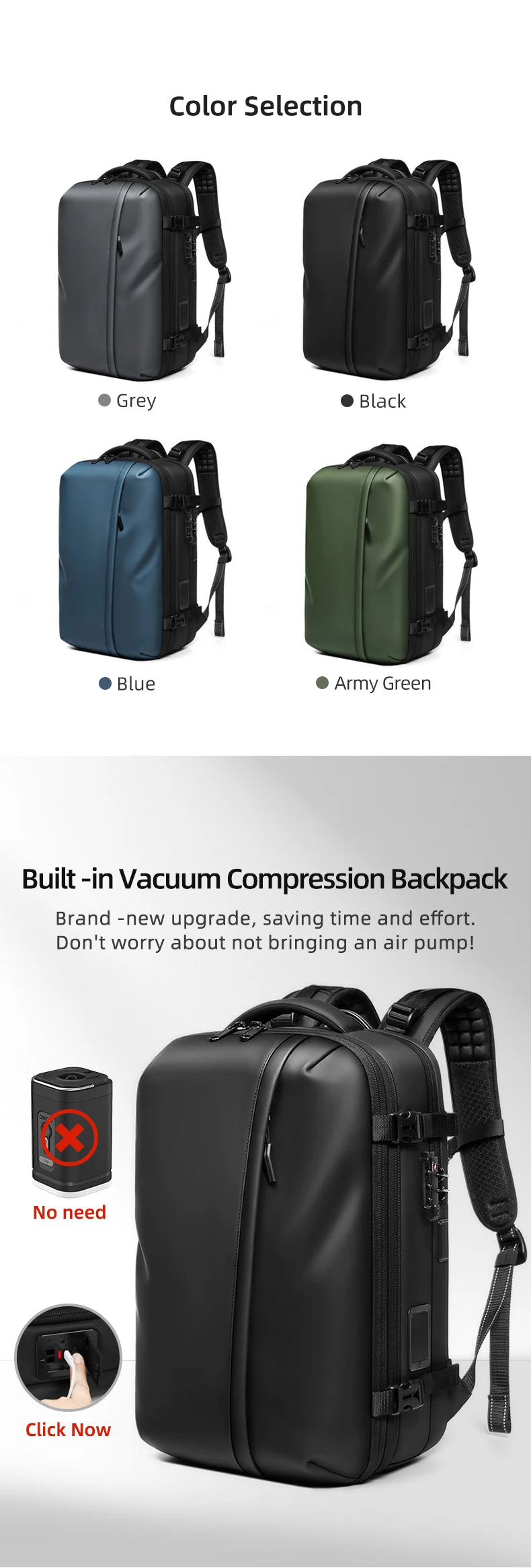 Men Travel Backpack One click start pump vacuum.