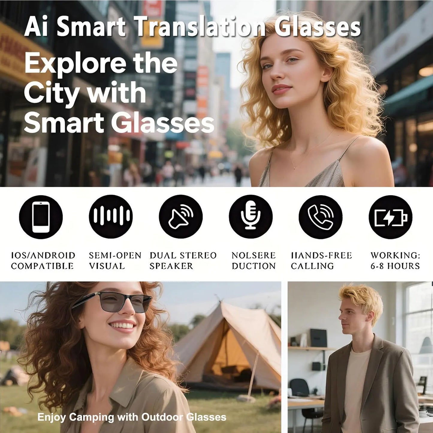 AI smart translation glasses, supporting real-time  translation in 164 languages,