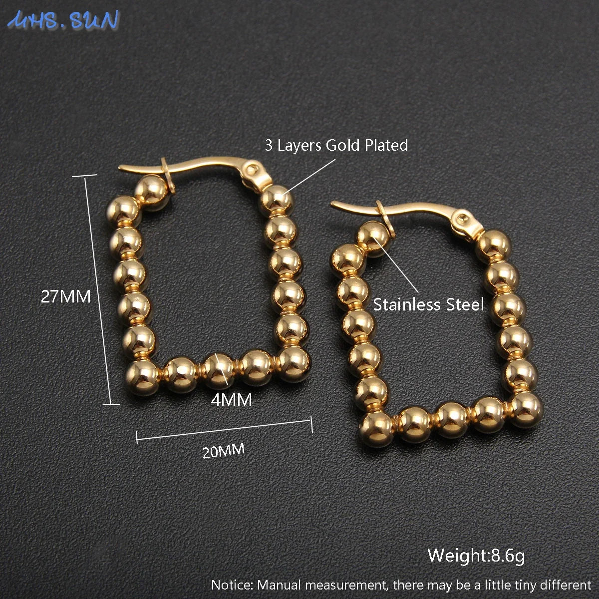 MHS.SUN Luxury Gold Plated Square Round Stainless Steel Hoop Earrings Cross Ball Beads Earring For Women Girls Wedding Jewelry