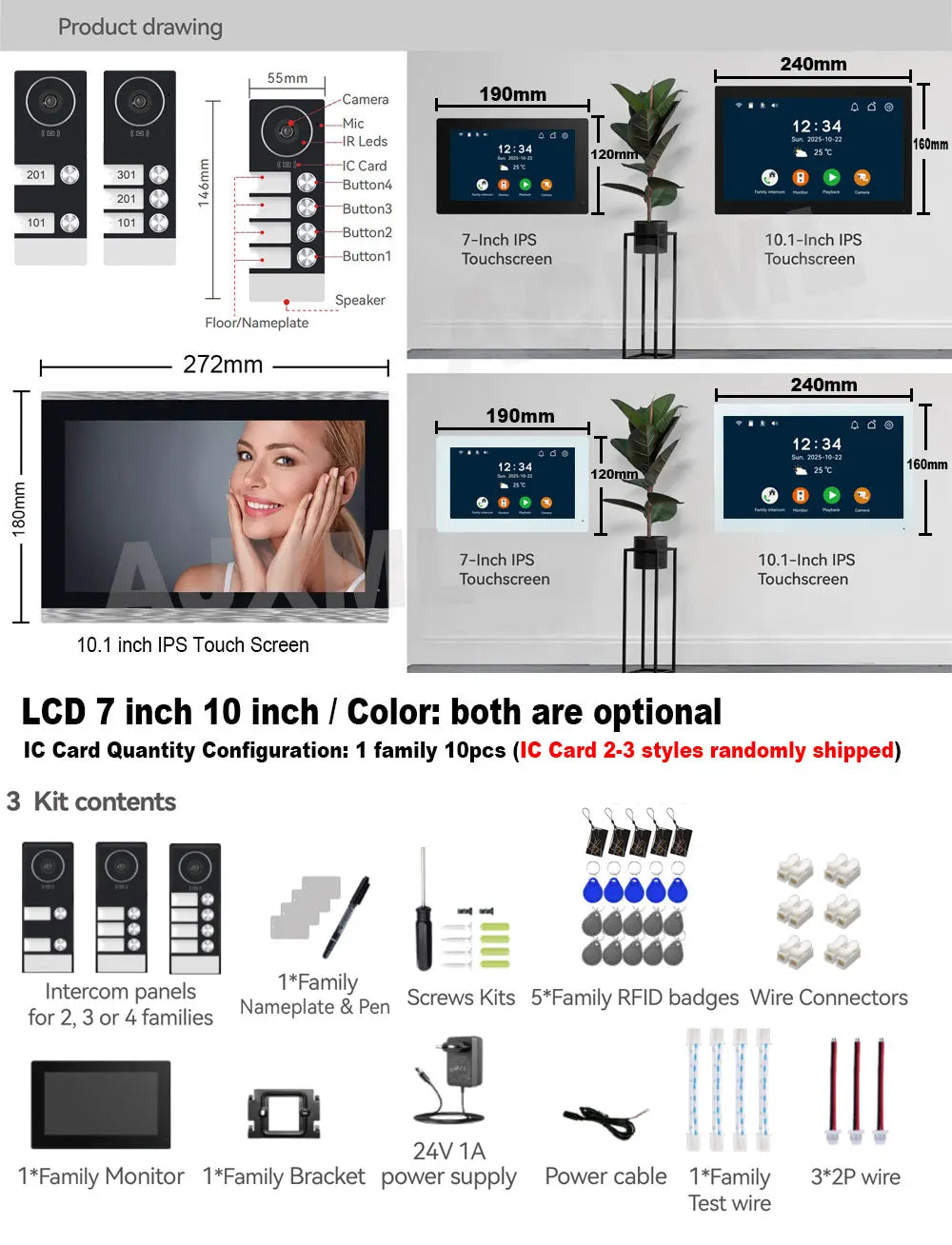 TUYA 5G WIFI 2-3-Unit Apartments Intercom Video Doorbell with RFID Card Unlock 2 Wired 10inch LCD Video Door Phone System