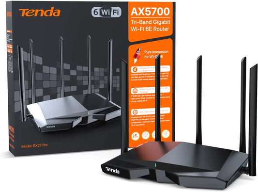 Tenda RX27 Pro AX5700 Tri-Band WiFi 6E Router 5665Mbps 6GHz Gigabit Mesh Router VPN IPTV WPA3 IPv6 OFDMA MU-MIMO 160MHz Broadcom 1.7GHz Quad-Core CPU 5x6dBi High Gain Antennas Beamforming AP Repeater Mode Tenda App