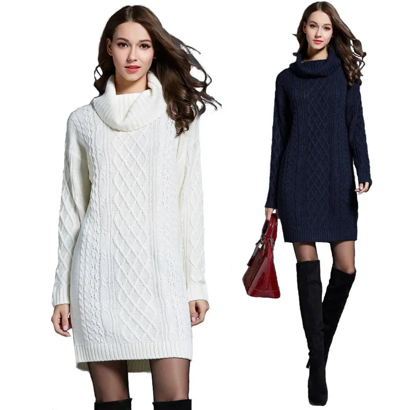 Women's long knit dress, autumn/winter style, with a high neck.