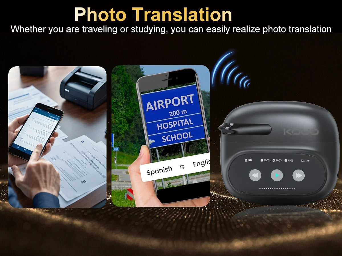 KOUO Open Bluetooth headphones with real-time translation for 164 languages.