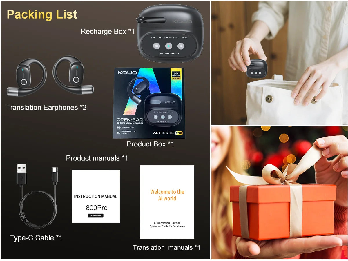KOUO Open Bluetooth headphones with real-time translation for 164 languages.