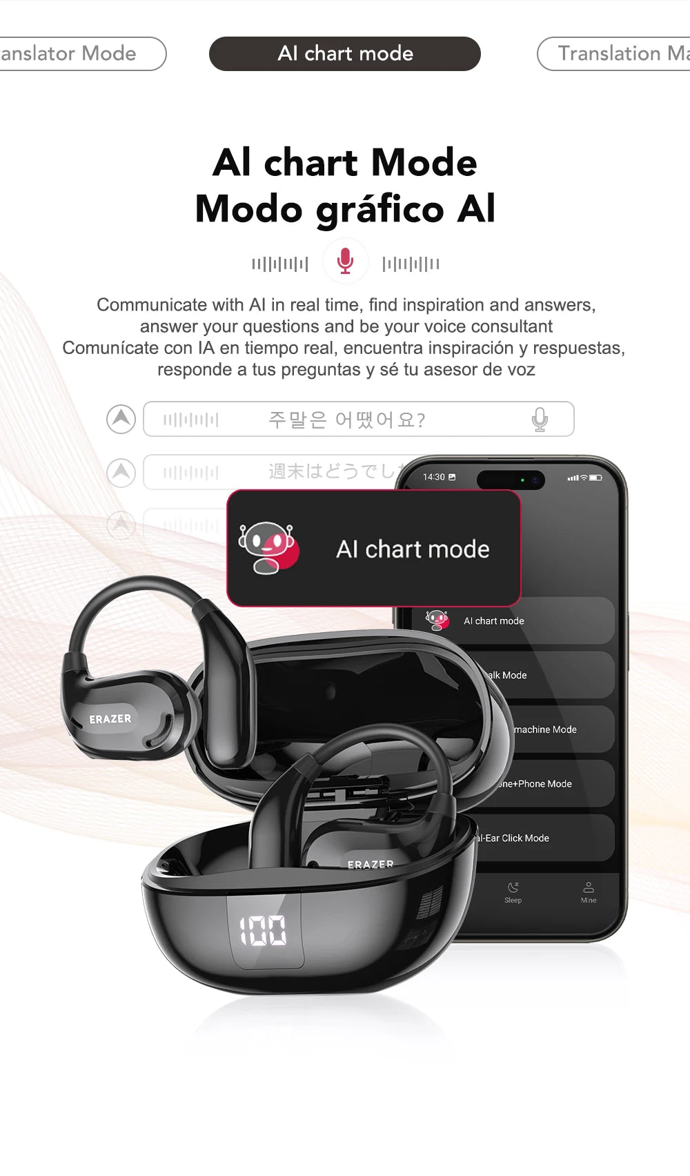 Wooask F56 OWS Translator Earbuds - Real-time 144 Languages.
