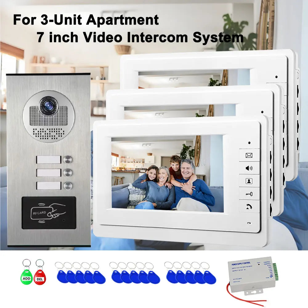 2/3 Unit Home 7 inch Video Doorbell Metal Outdoor Camera Video Doorphone Intercom System RFID Unlock for Apartments Residential