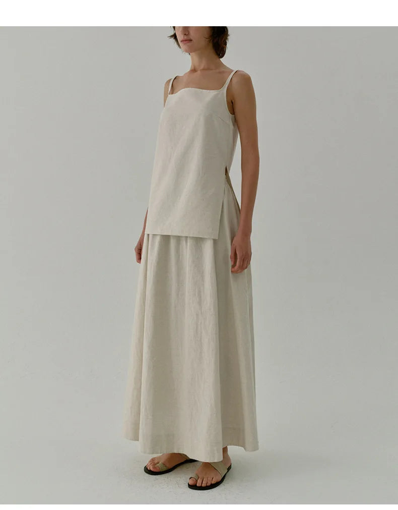 Chic Side Split Vintage Linen Skirt Women's Solid Color.