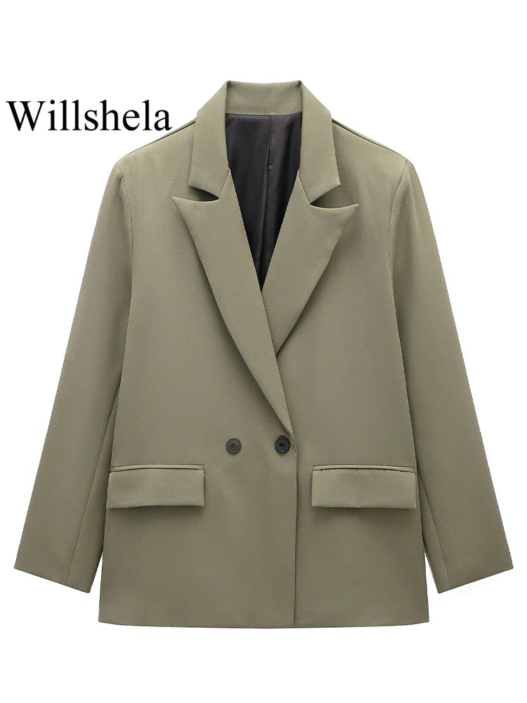 Willshela Women Fashion With Pockets Solid Double Breasted Blazer.