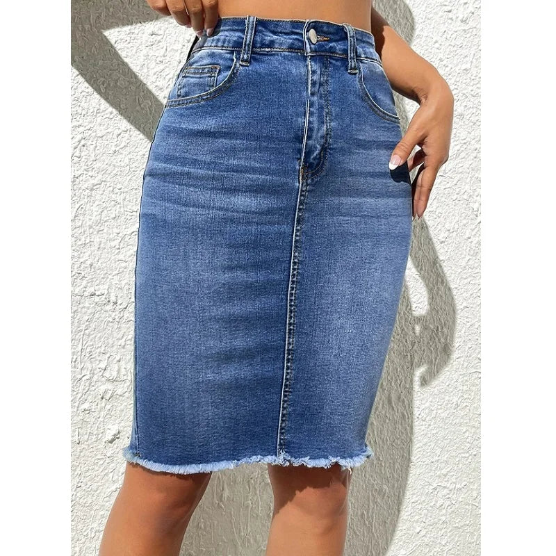 Women High Waist Denim Skirts Ladies Stretch Jeans Knee Length Bodycon Pencil Skirt
