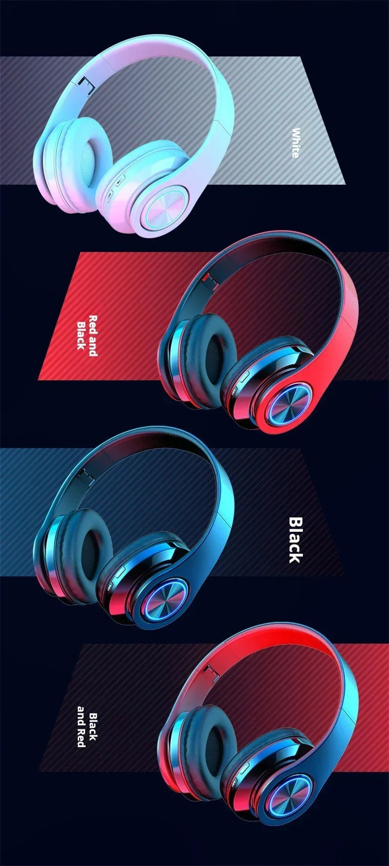 Wireless Bluetooth gaming headset with stereo surround sound.