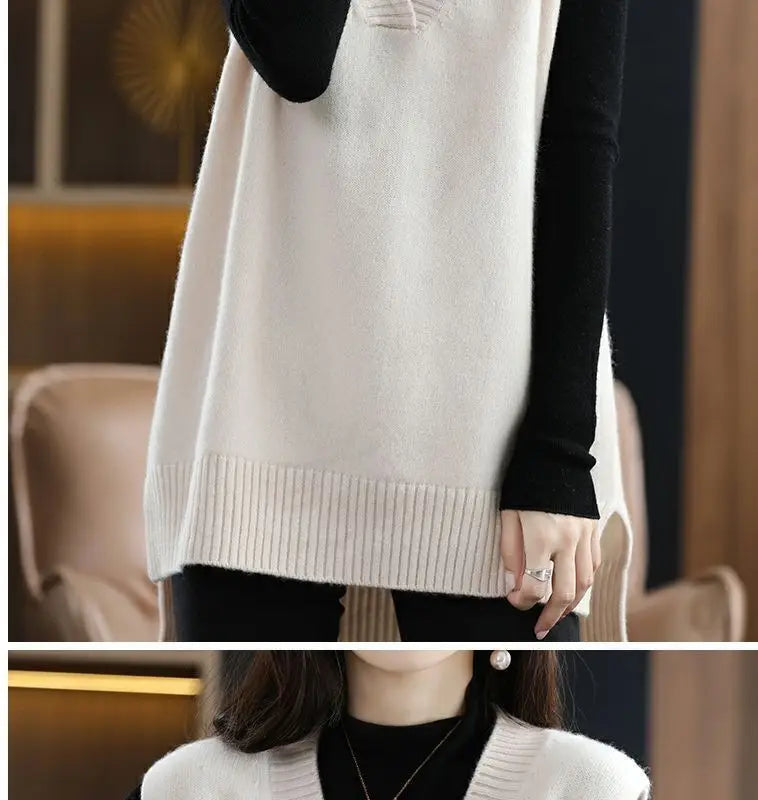 Navy blue plus size vest, medium to long length, in knit fabric.