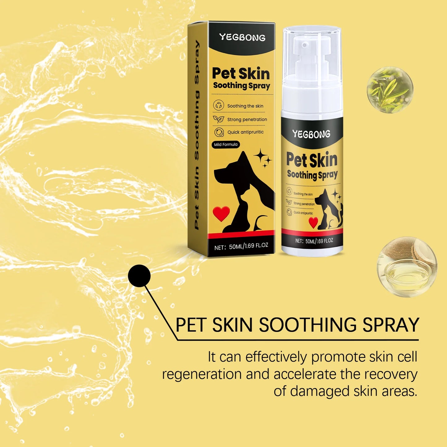 Spray for pet skin care. Relieves discomfort in dogs and cats.