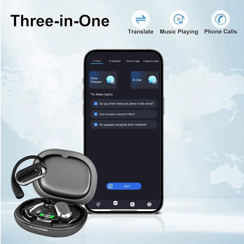 Smart Translator-oordopjes, meertalige OWS realtime vertaalhoofdtelefoon, 144 talen