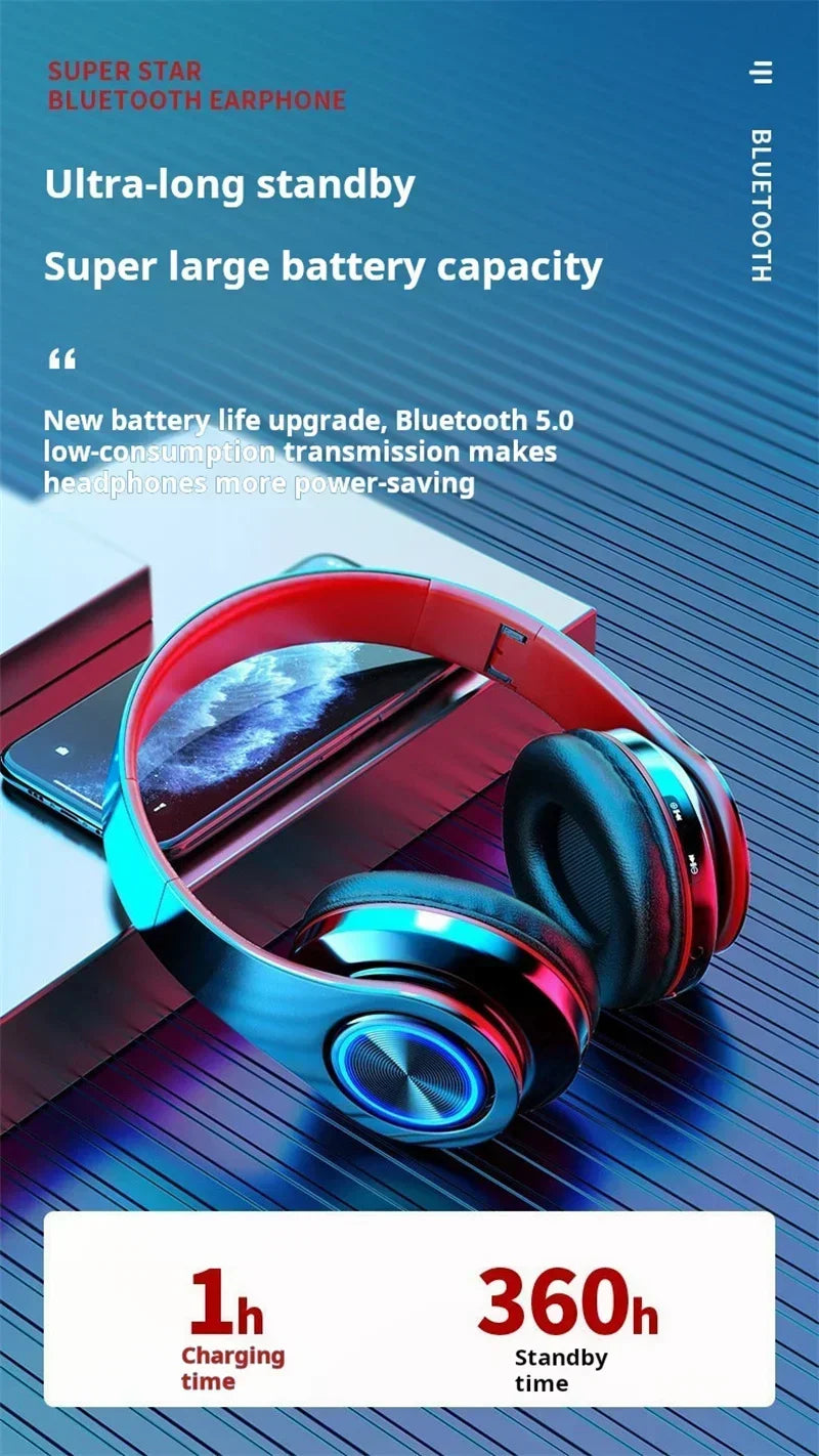 Wireless Bluetooth gaming headset with stereo surround sound.