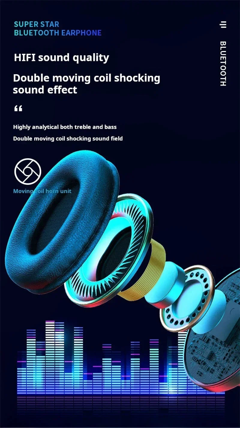 Wireless Bluetooth gaming headset with stereo surround sound.