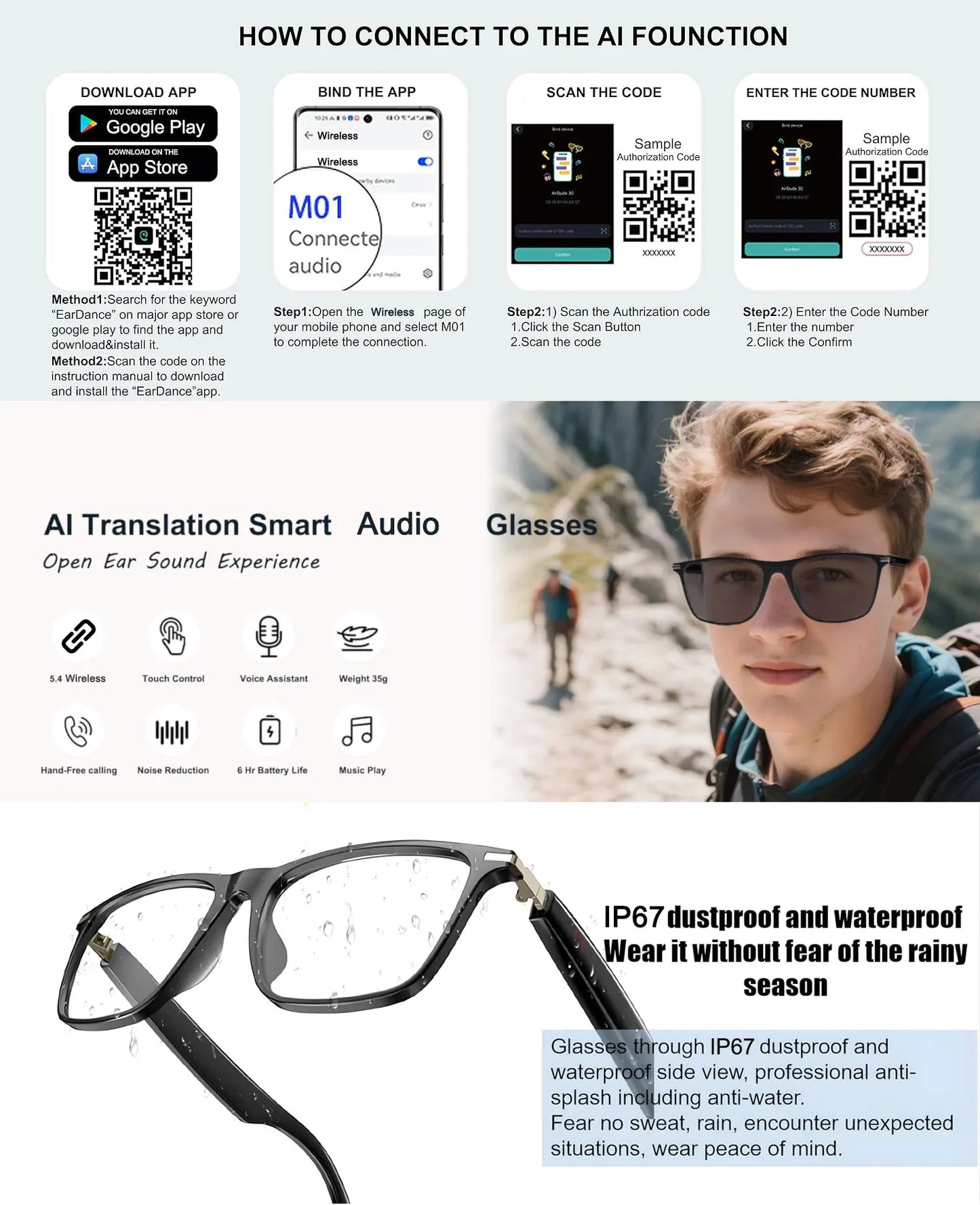 AI smart translation glasses, supporting real-time  translation in 164 languages,