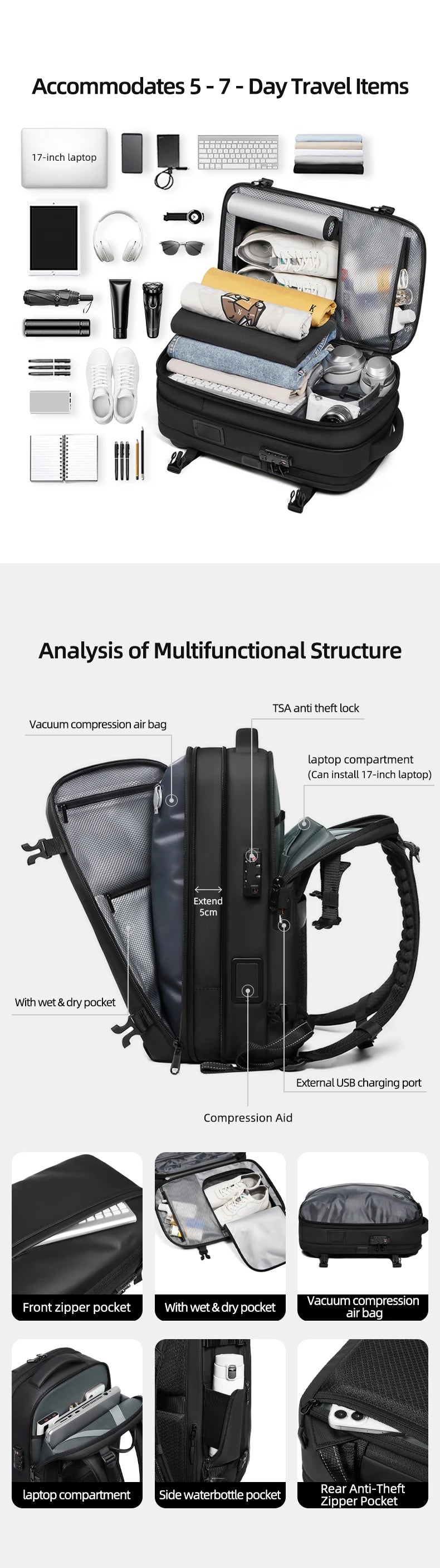 Men Travel Backpack One click start pump vacuum.