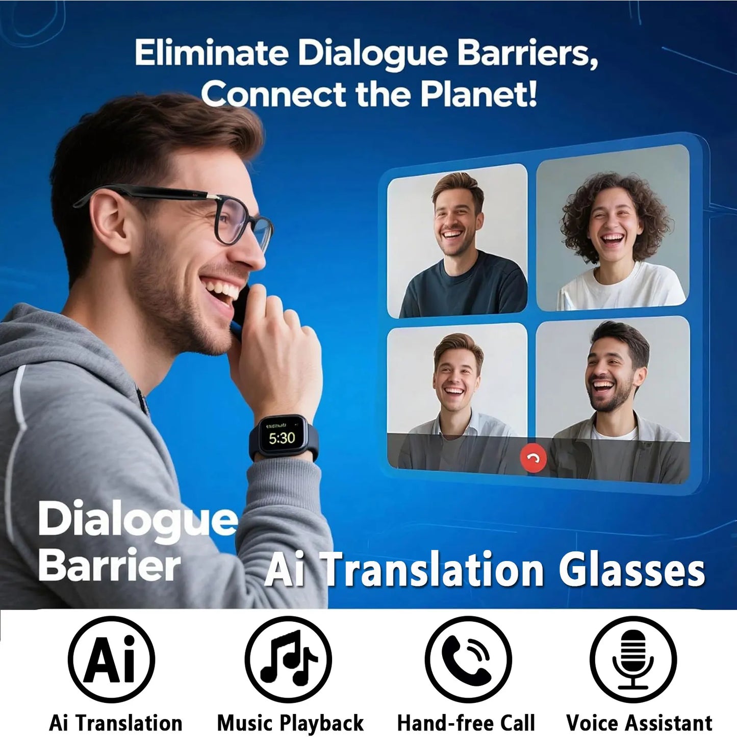 AI smart translation glasses, supporting real-time  translation in 164 languages,