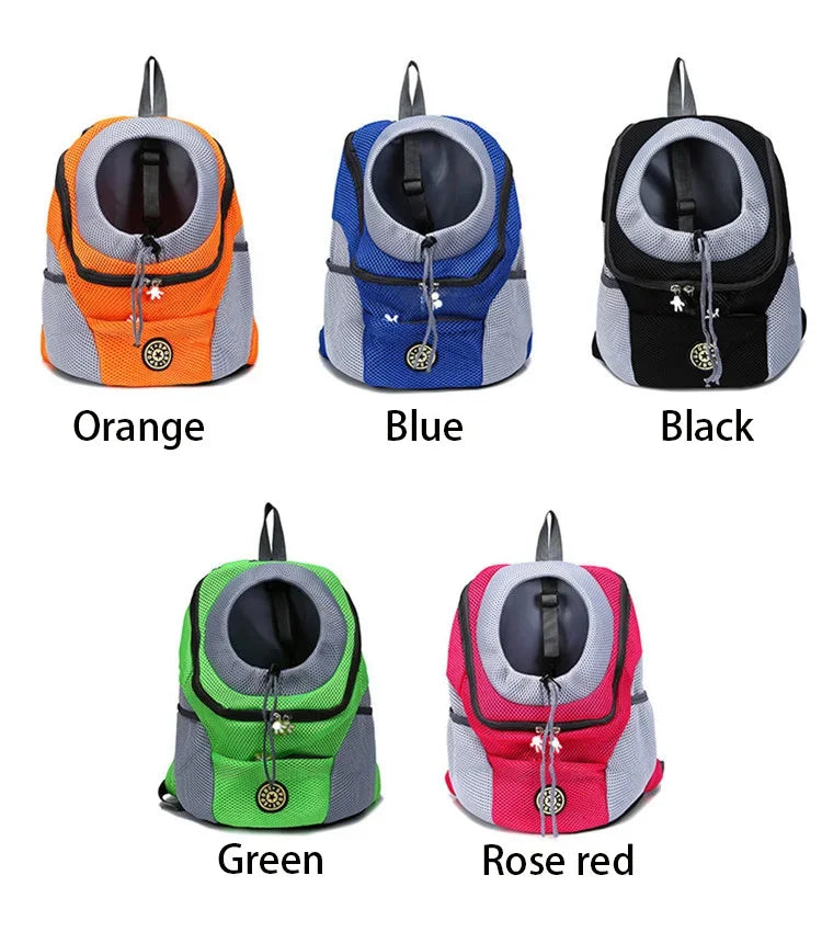 Portable travel backpack with double handles for pets.