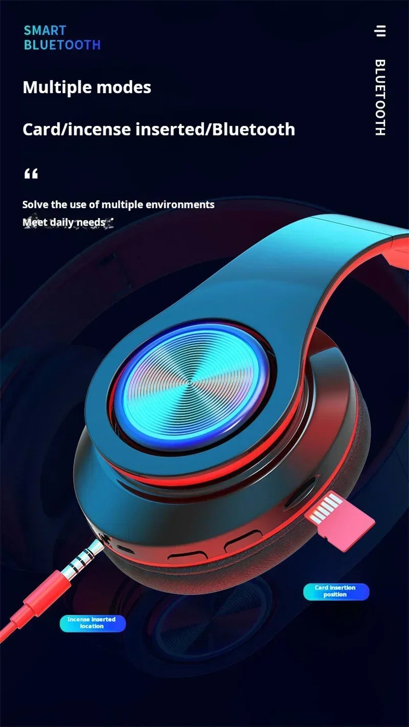 Wireless Bluetooth gaming headset with stereo surround sound.