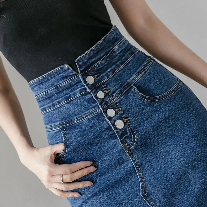 Fashion Split Denim Skirt Woman 2023 Summer Korean Style High Waist Button Blue Midi Skirt Women Elegant Office A-line Skirts
