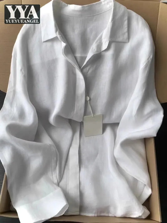Casual Office Ladies Work Solid Color Linen Shirt Long.